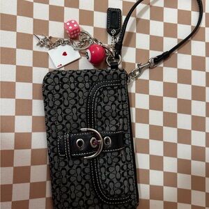 Coach Black Signature Wristlet Phone Case with Red Charms